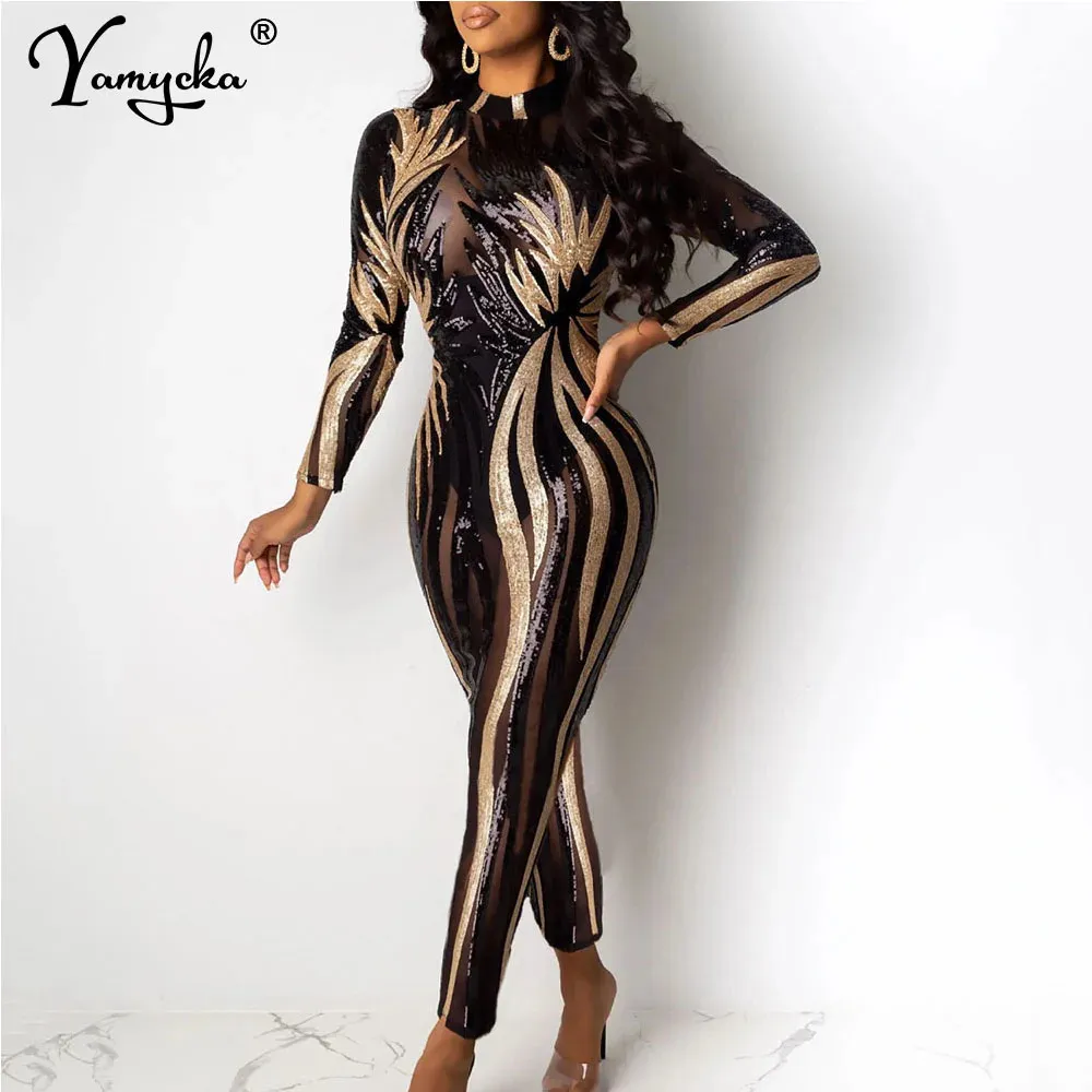 Women's Jumpsuits Rompers Sexy see through black Sequin bodycon jumpsuit women summer birthday party club outfits jumpsuits Long sleeve bodysuit overalls 231124
