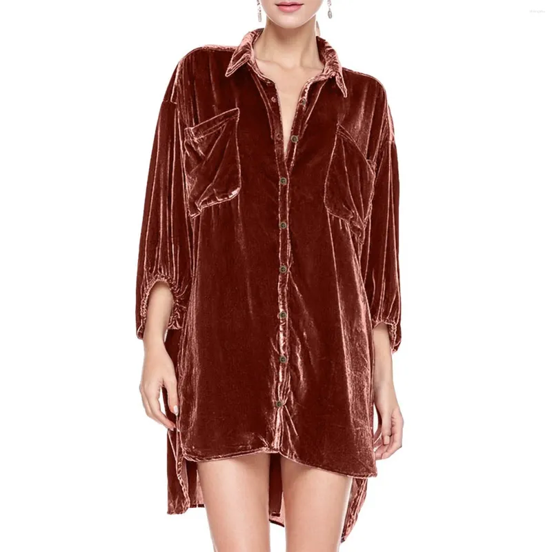 Velvet Shirt Dress Women's Autumn Winter Long Sleeve Loose Fit Casual  Dress with Pockets Plus Size Solid Color Button Down