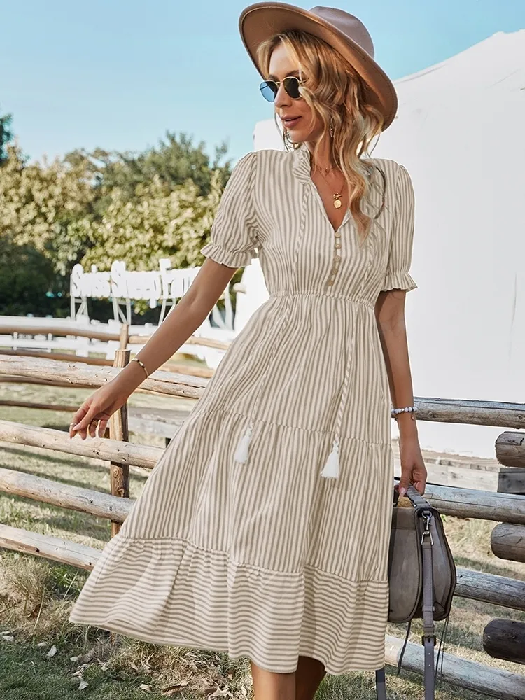 Casual Dresses Msfilia Spring Womens Striped Dress Causal Short Sleeve Tassel Medium Long Summer V Neck Button Dresses For Female 230424 From Kong04 16.56 DHgate.Com