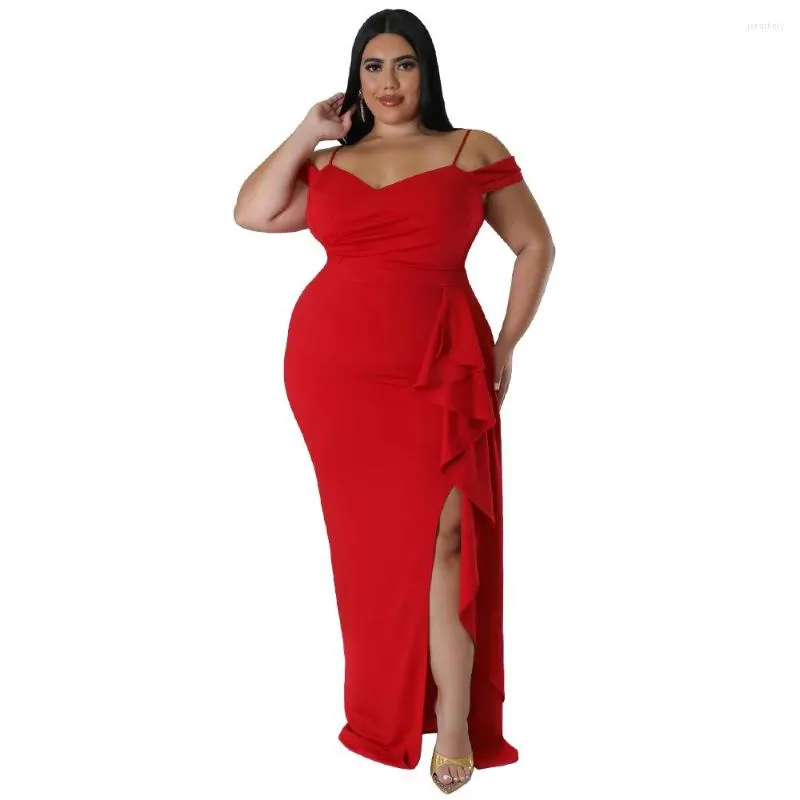 Robes grande taille 2023 Sexy femmes robe de soirée Spaghetti col en V manches courtes côté fendu volants élégant décontracté fête