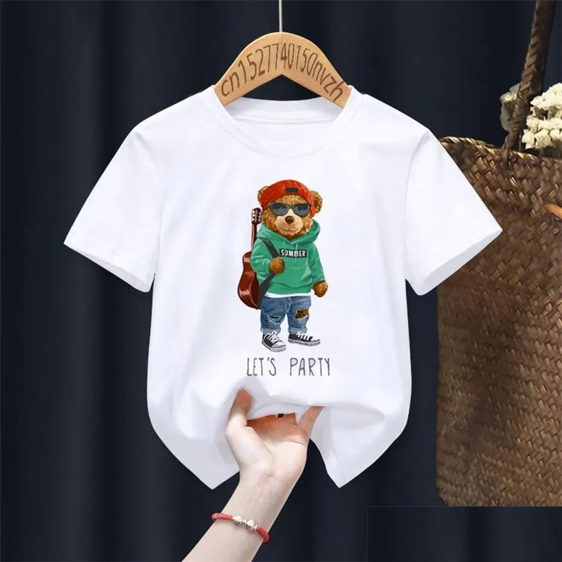 Família, roupas combinadas de urso engraçado passeio de moto impressão menino menina menina branca camiseta criança verão harajuku kawaii pequeno bebê y2k roupas dhtfd