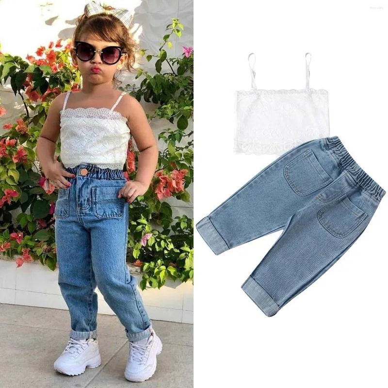 Ensembles de vêtements bretelles ensemble tenues pantalons sans bretelles filles hauts enfant en bas âge jeans dentelle enfants bébé tenues ensemble