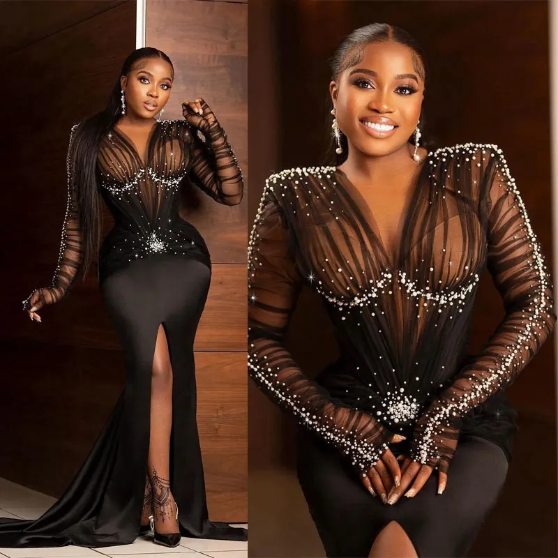 2023 Plus Taille Aso Ebi Robes De Bal Manches Longues Tulle Noir Soirée Fête D'anniversaire Deuxième Réception Africaine Arabe Robe Formelle Robes De Fiançailles Africaines ST246