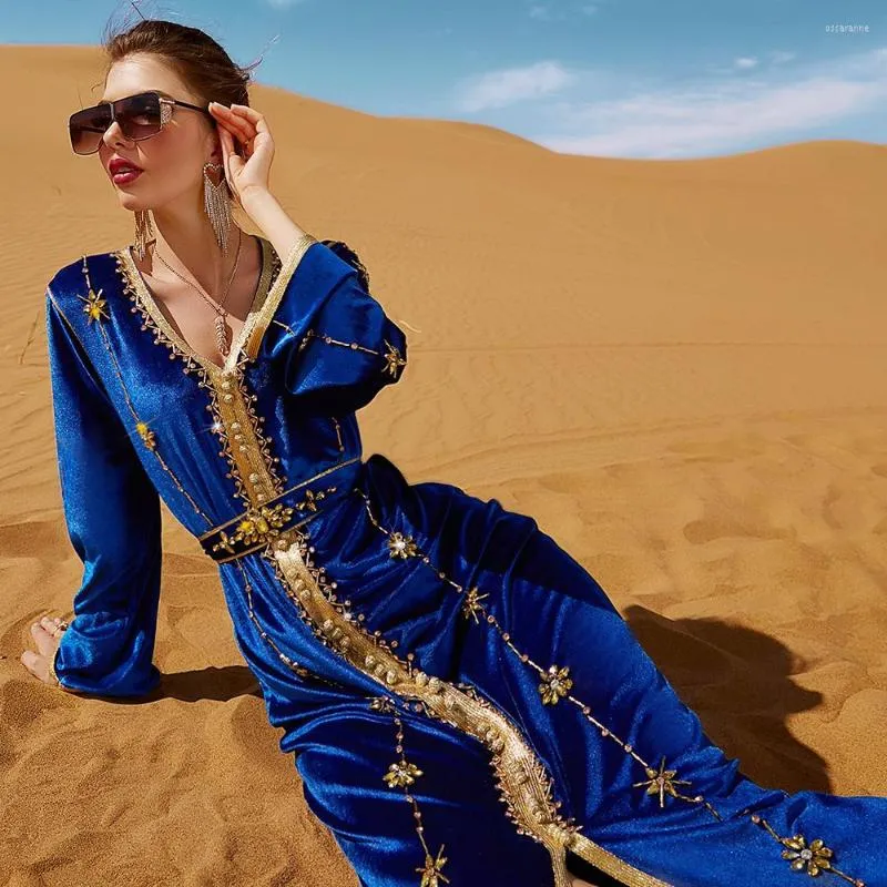 Ethnic Clothing Caftan Marocain Hand Sewn Diamond Royal Blue Velvet Dress Party Maxi Abaya Woman Dubai Luxury Evening Dresses Ramadan