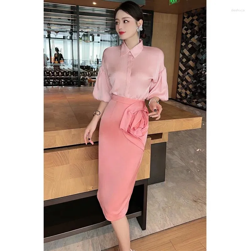 Work Dresses Women Summer Outfits 2Pcs Set Half Sleeve Pink Shirt Flowered Knee Length Pencil Skirt S