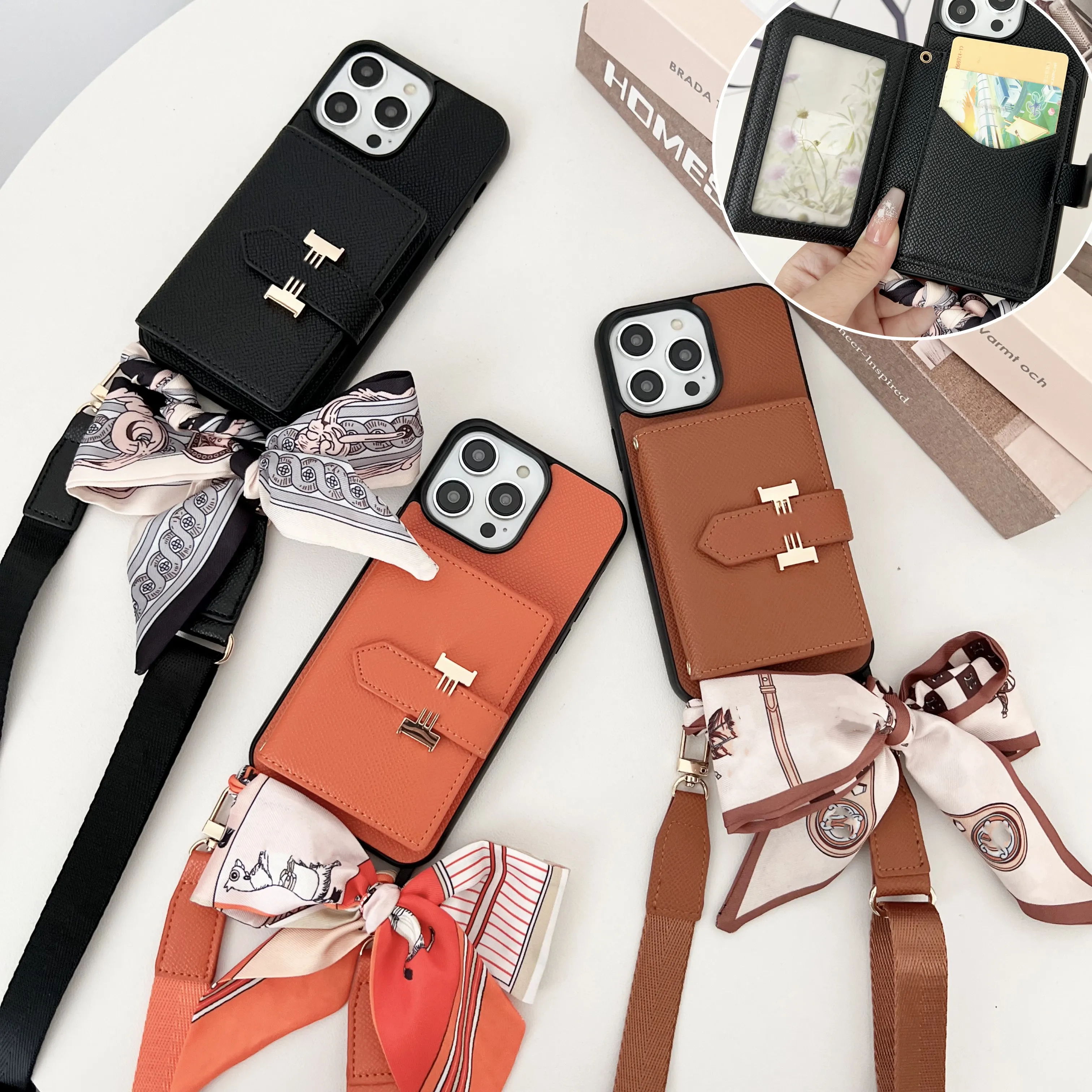 For iPhone 15 Pro Cases Card Holders Crossbody Phone Case Designer iPhone case Apple 14 Pro Max 13 Pro 12 15 Plus Case Luxury Handbag Mobile Cover Scarf Chain Lanyard