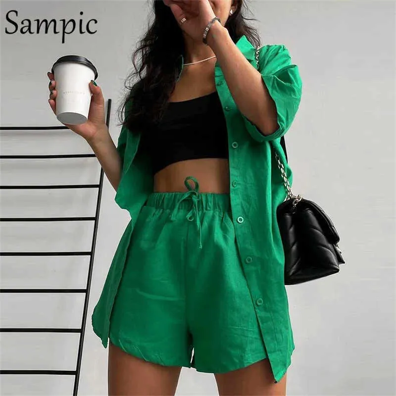 Women's Tracksuits Sampic Casual Lounge Wear Summer Green Tracksuit Women Shorts Set Short Sleeve Shirt Tops And Loose Mini Two Piece P230419 good