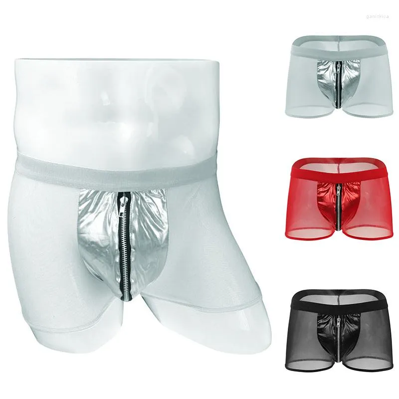 Caleçon PU cuir maille transparente Nylon boxeurs pour hommes doux confortable glace soie Transparent tronc fermeture éclair Shorts