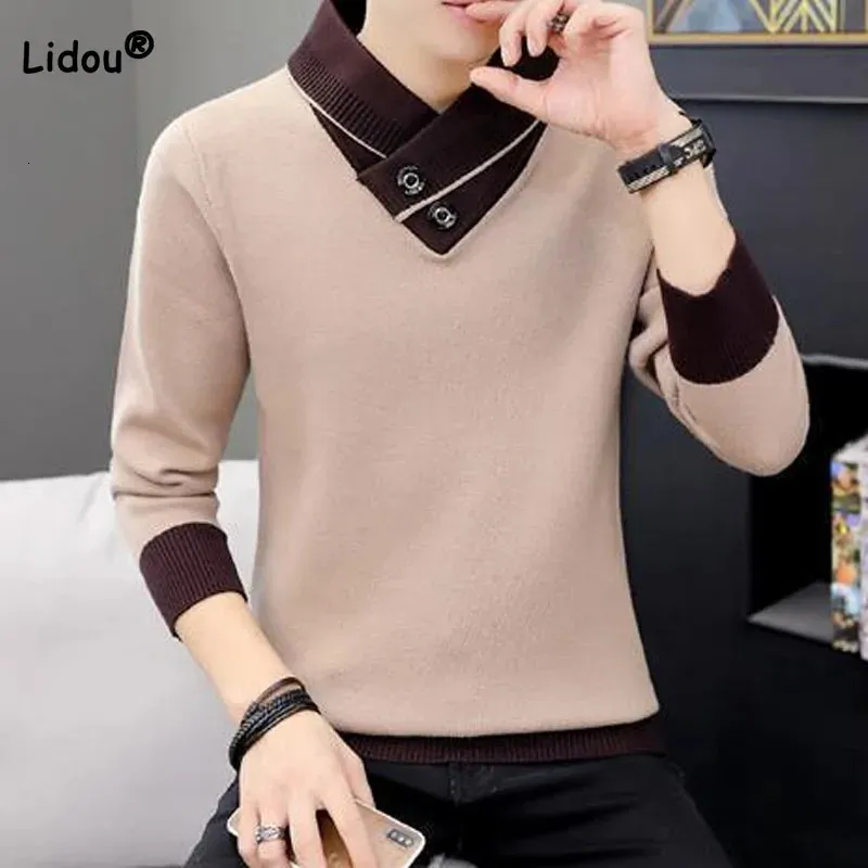 Womens Sweaters Autumn Winter Mens Turtleneck Thick Long Sleeve Korean Trend Solid Color Spliced Knitted Pullovers Male Clothes 231123