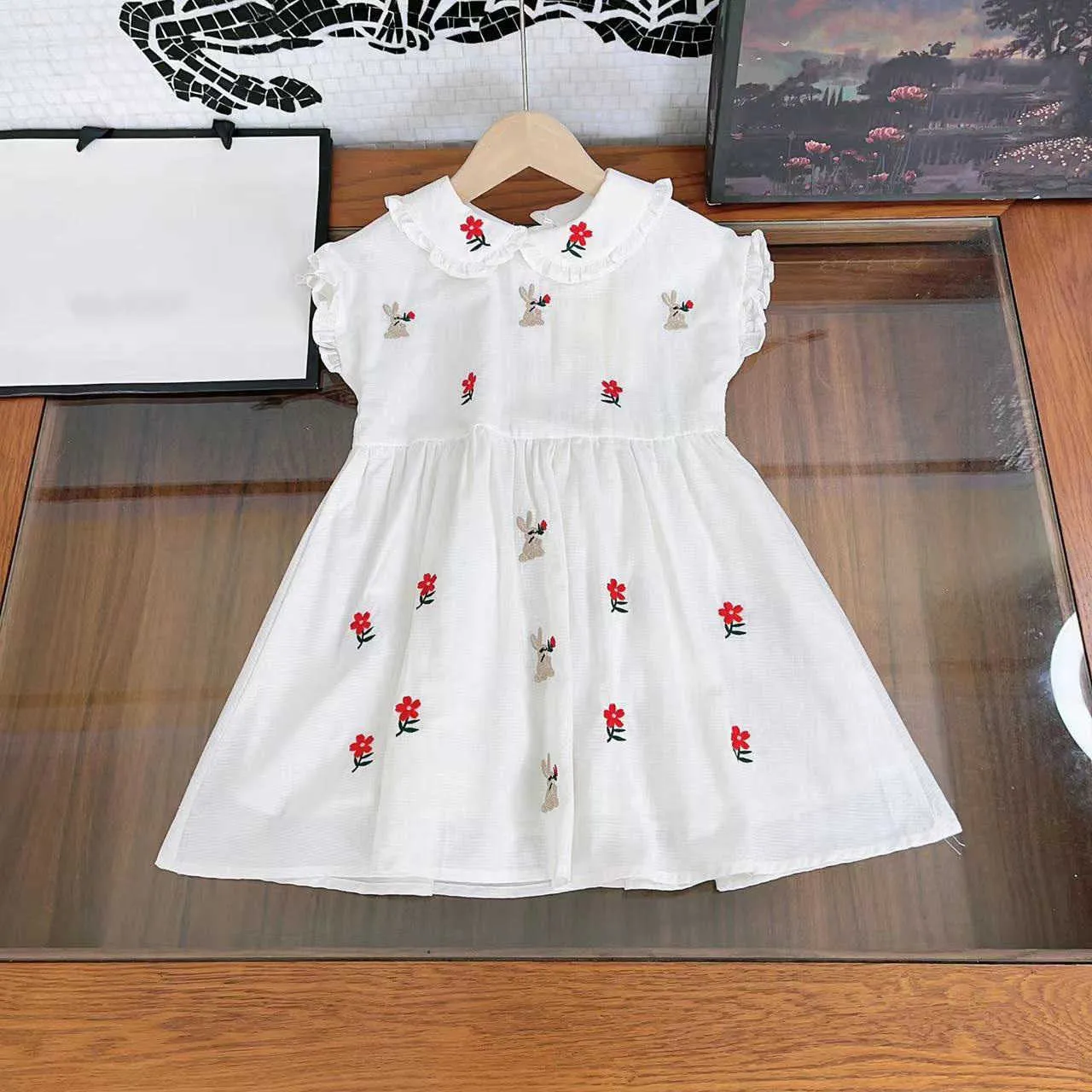 23SS kızlar elbise kısa kollu elbise prenses elbiseler çocuk tasarımcısı kıyafetler bebek yaka yaka tavşan çiçek nakış büyük kızlar gömlek etek çocuk kıyafetleri