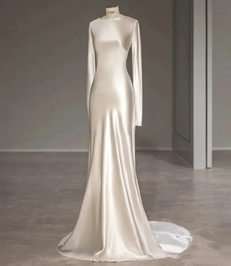 Новейшее свадебное платье 2024 года, атласное платье с круглым вырезом и длинными рукавами, с длинной открытой спиной, платья невесты на заказ, большие размеры, Vestidos De Noiva