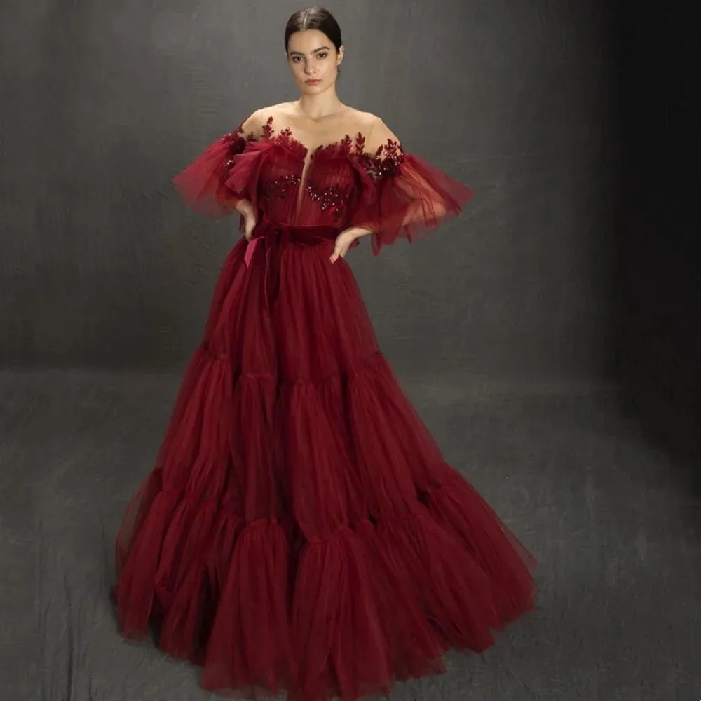 structured burgundy dress Embroidered Bodice Chiffon Short Dress