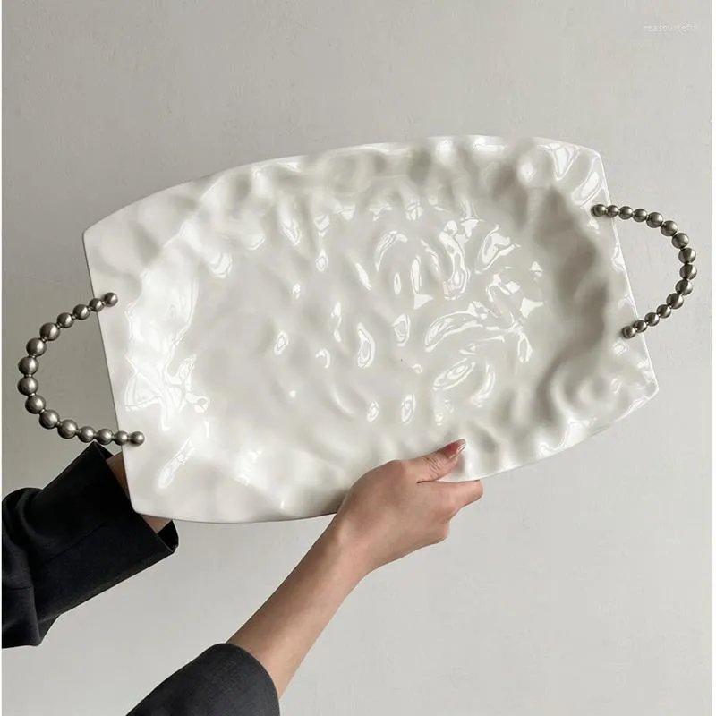 Plates French Simple Cake Display Stand White Ceramic Tray For Decoration Pearl Handle Fruit Plate 30 Inch Rectangular