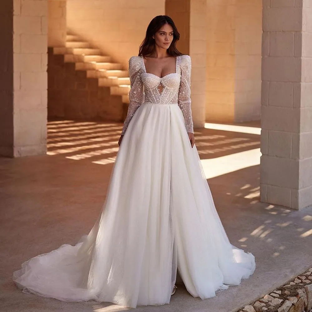 navy blue dress for baby girl A-Line Glitter Tulle Wedding Dress Long Puffy Sleeves Bridal Gown –  Agustaprom main image 1
