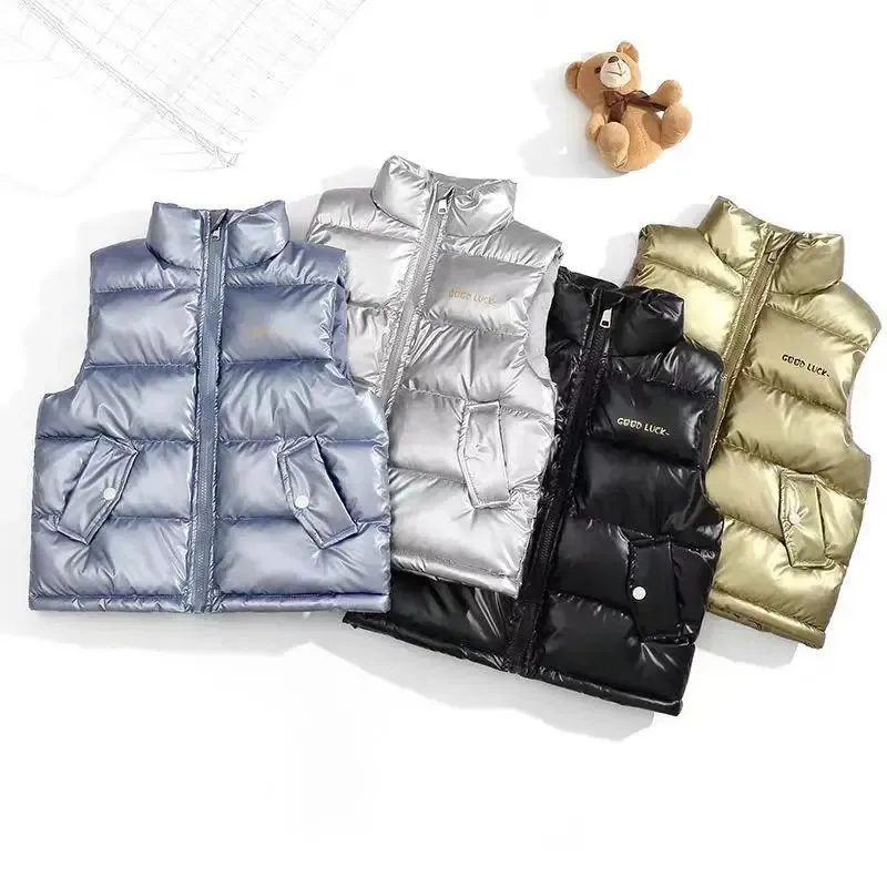 Weste Kinder Kapuzenweste für Jungen warme Oberbekleidung Kinder glänzender Mantel Baby Mädchen ärmellose Jacke Winter Daunen gepolstert wasserdicht 231123