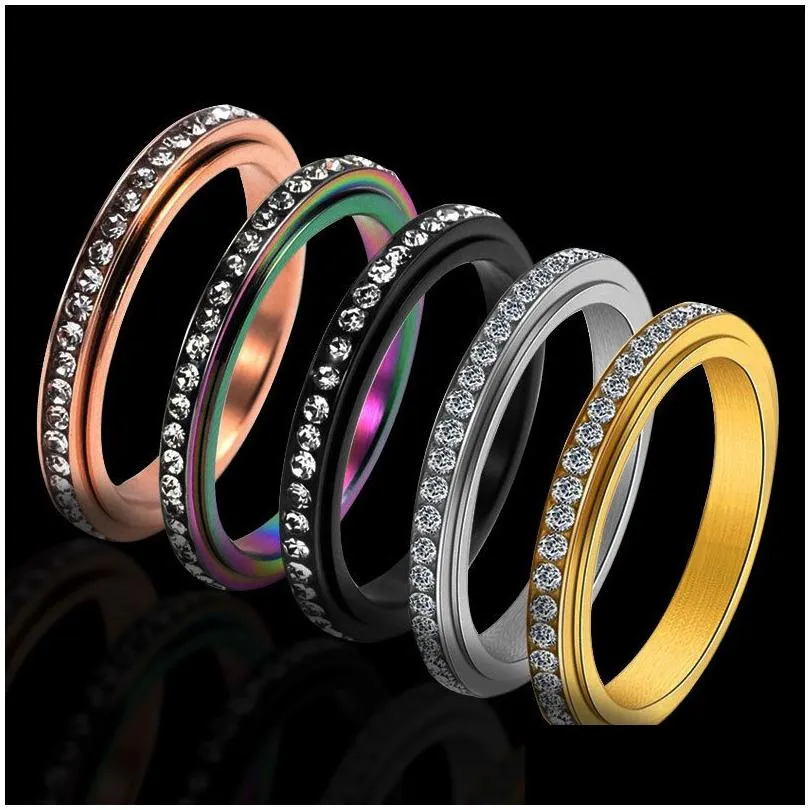 Anéis de banda de aço inoxidável girador banda anéis para mulheres 18k ouro única fileira strass anel moda jóias aniversário entrega gota judeu dhivn