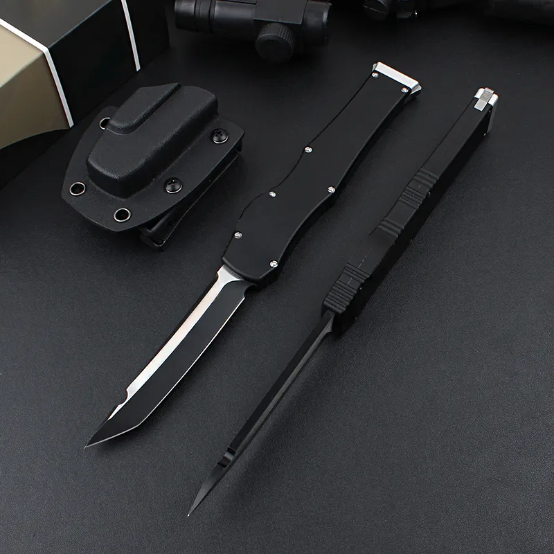 High Quality High End New AUTO Tactical Knife D2 Two-tone Black Blade CNC 6061-T6 Handle Outdoor Survival Knives with Kydex