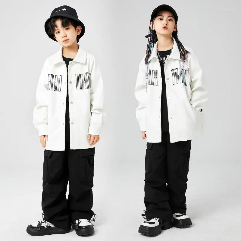 Stage Wear Kids Ballroom Hip Hop Clothing White Pu Leather Jacket Tops Black Casual Cargo Pants For Girl Boy Jazz Dance Kostuums Kleding