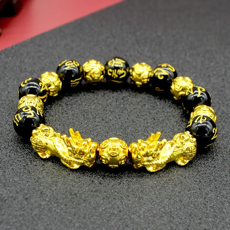 Wide 12mm Imitation Obsidian Gold Plated Pixiu Bracelet Men's and Women's Six-character Proverbs Buddha Bead Bracelet