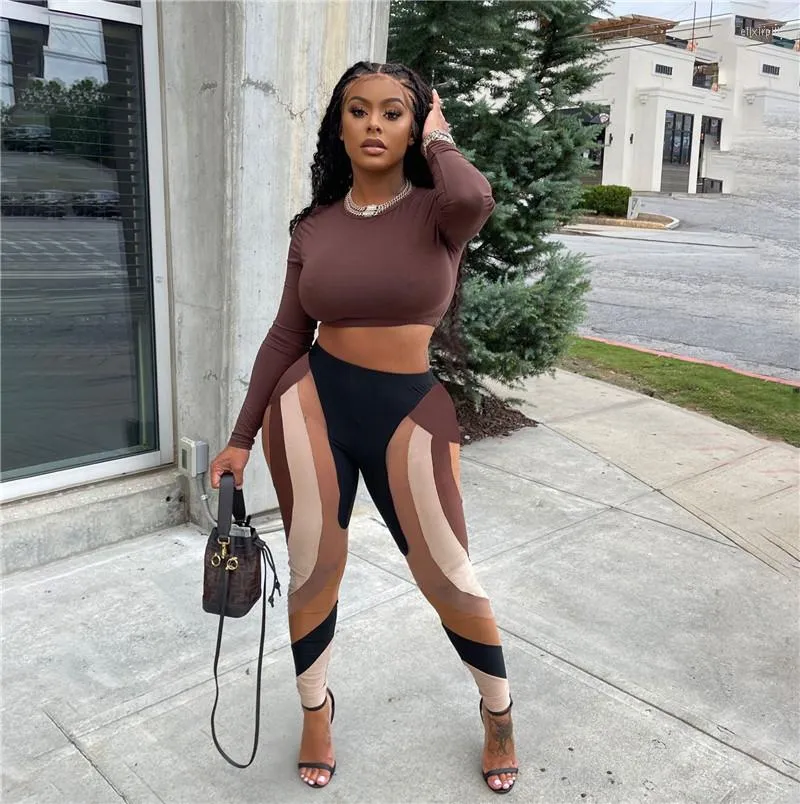 Womens Two Piece Pants Fashion Patchwork Set Women Leggings Long Sleeve  Crop Top High Waist Pencil Casual Hipster Matching Outfits From Elixirpill,  $19.77