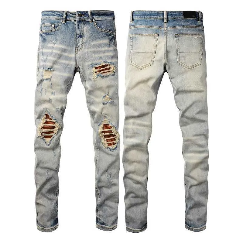 Calças jeans de grife amiiri 2023 nova tendência moda ajuste fino pé pequeno remendo elástico jeans masculino amiiri marca de moda desgastado rasgado skinny para venda