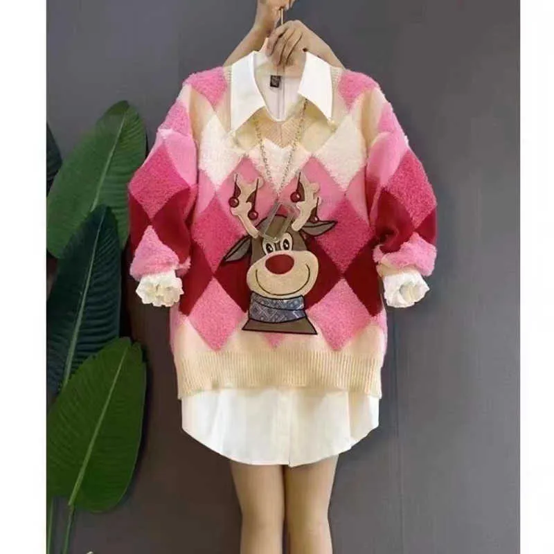 Maglia da donna autunno/inverno lavorata a maglia con cervo colorato slim fit top versatile maglione delicato 2v