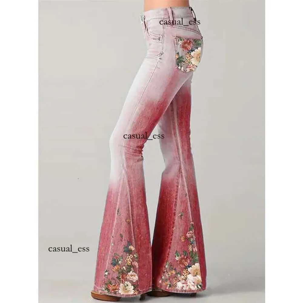 ONTWERPERS Lente Nieuwe Mode Jeans Gradiënt Bloemenprint Imitatie Denim Bell Bottoms Hoge Taille Lange Broek Plus Size Vrouwen Broeken H0908 dfashion98