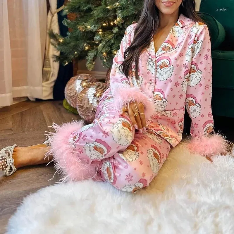 Pantalon de deux pièces pour femmes Accueil Satin Père Noël Rouge Plaid Imprimer Casual Set Femmes Chic Épissage Fluffy Homewear Pyjamas Chemise Confort