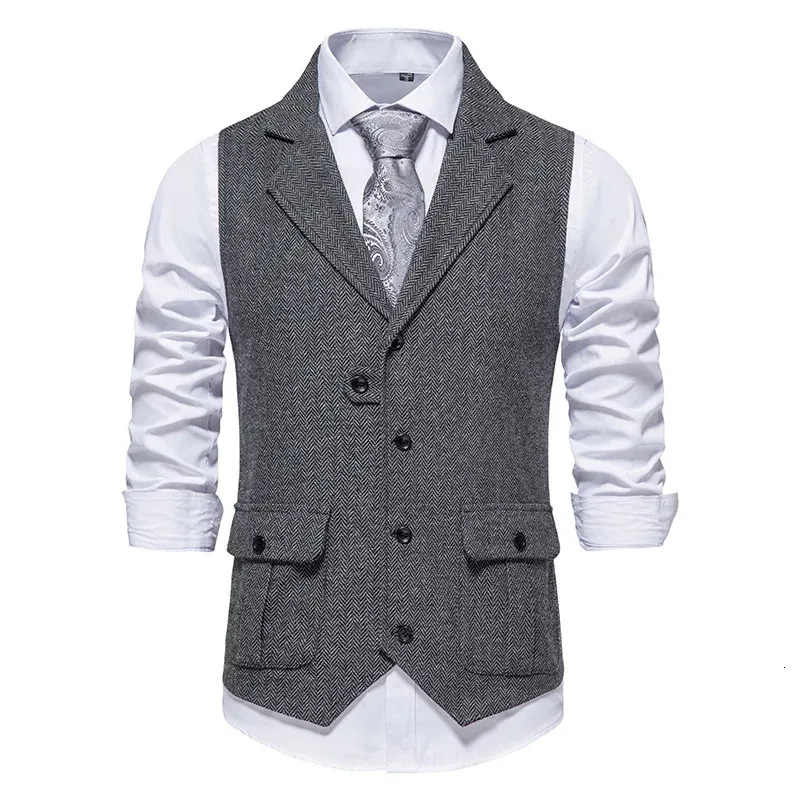 Gilets pour hommes Gris Herringbone Tweed Costume Gilet Hommes 2023 Marque Vintage Revers Laine Mélange Gilet Party Business Gilet Costume Homme 231124