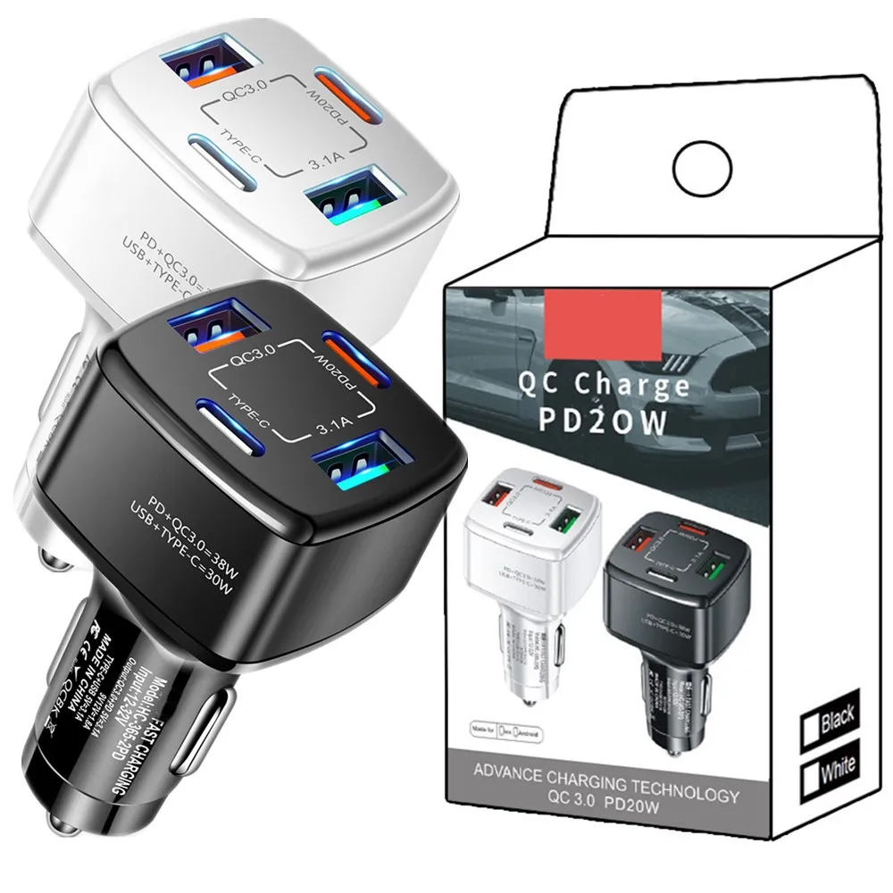 Caricabatterie per auto PD universali 38W 4 Porte rapide QC3.0 Adattatori di alimentazione di tipo C per iPhone 13 14 Pro Samsung S22 S23 HTC LG con scatola