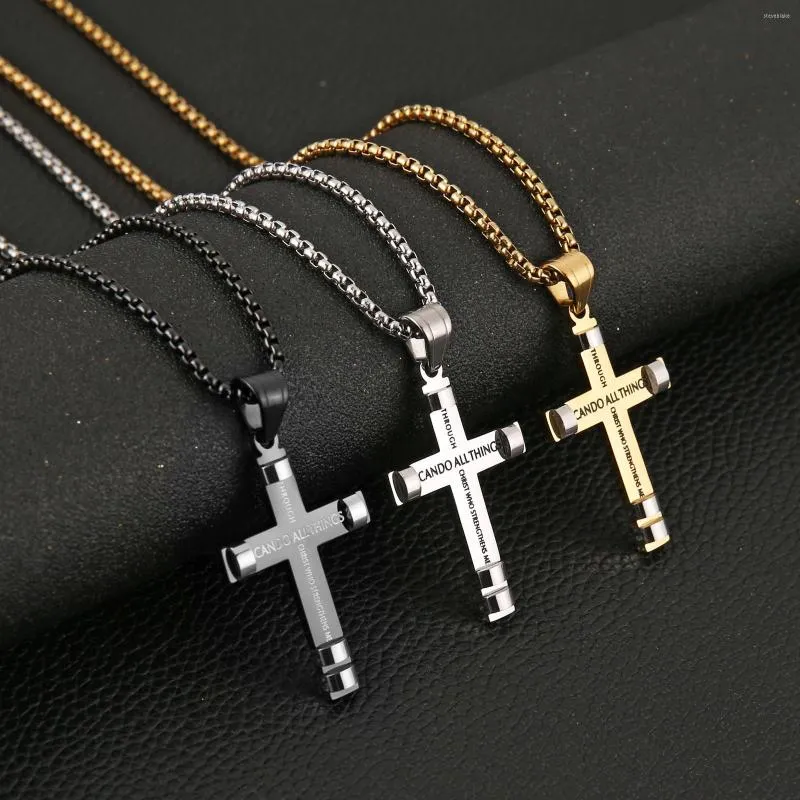 Hangende kettingen Hzman Filippenzen 4:13 Kruisketting voor mannen roestvrij staal retro religieus bijbelvers kruisbeeld christelijke sieraden