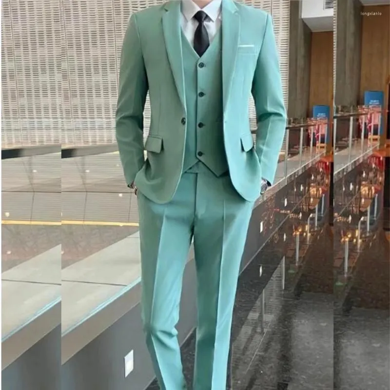 Men's Suits Chic Mint Green Single Breasted Notched Lapel Elegant Full Set Skinny Fashion 3 Piece Jacket Pants Vest Slim Fit