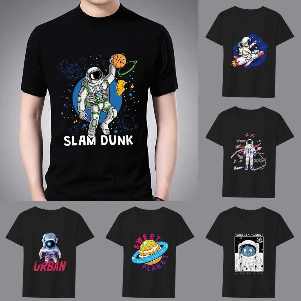 Męskie koszulki Tshirt Modna moda mody swobodny anime kreskówka fantasy astronauta nadruk seria TOP ONECK Slim Commuter Black Men's Shirt Z0424