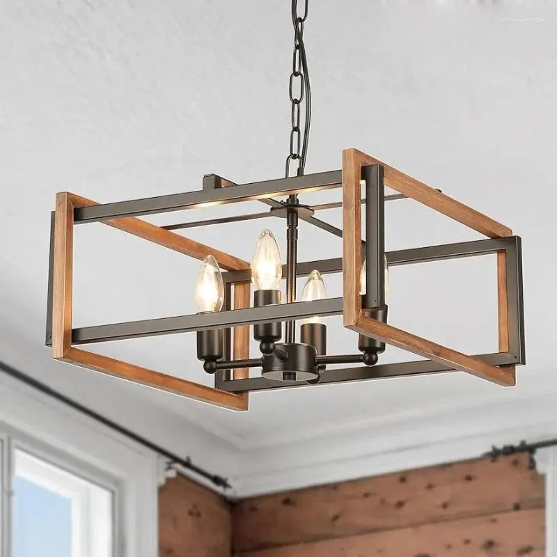 Lustres Feohak 4 lumières ferme pour salle à manger lustre en bois rustique simple carré en bois noir moderne industriel