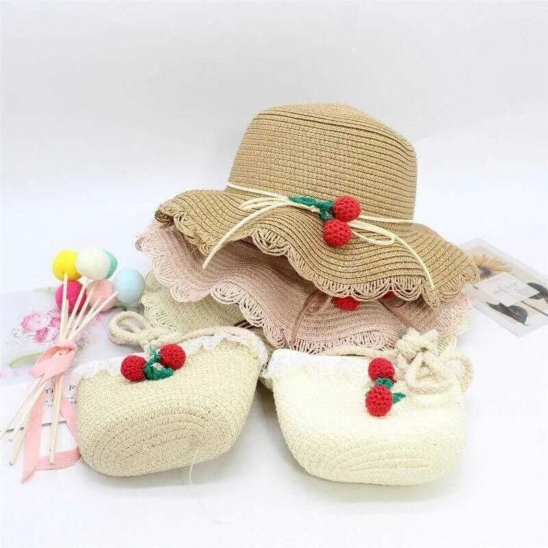 모자 여름 아기 꽃 통기성 빨대 핸드백 가방 아이 소년 소녀 태양 바이저 UV 보호 파나마 모자 세트