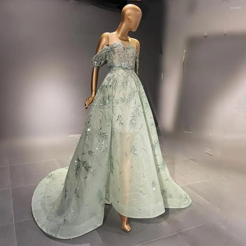 Party Dresses Luxury Beaded Mint Green Dubai Evening 2023 Elegant Off Shoulder Arabic Formal Engagement Dress For Women Wedding