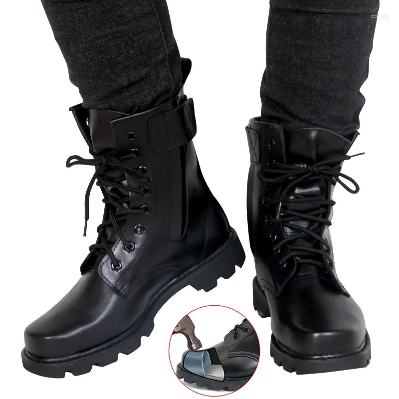 Botas de cuero militar para hombre, zapatos de trabajo con punta de acero, para invierno, senderismo, caza, seguridad laboral, zapatillas de combate táctico