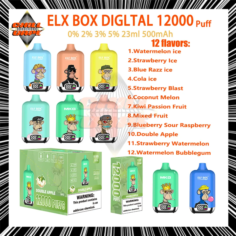 Original Elf Box Digital 12k Puff jetable Vape Pen 0% 2% 3% 5% Force Mesh Coil 23ml Pod 12 Saveurs Puffs 12k E cigarettes 500 mAh Batterie rechargeable Vapes