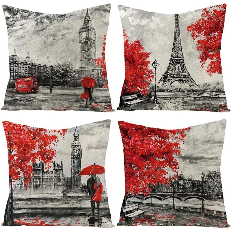 Taie d'oreiller 2023 luxe amoureux Couple taie d'oreiller rouge tour Eiffel Paris peinture à l'huile doux canapé Double lit coussins Love River