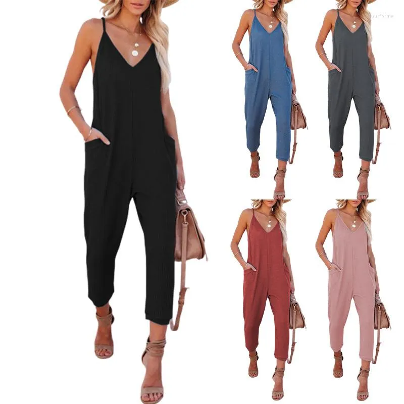 Vrouwen Tweedelige Broek Dames Rompertjes En Jumpsuits Voor 2023 Zomer Sexy Effen Kleur Bretels V-hals Schouder Casual Een Set Zak