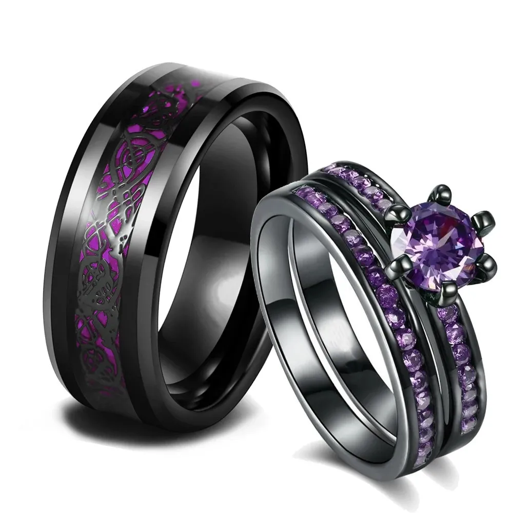 Anéis de banda charme casal romântico roxo conjunto na moda homens aço inoxidável celta dragão anel moda jóias 231123