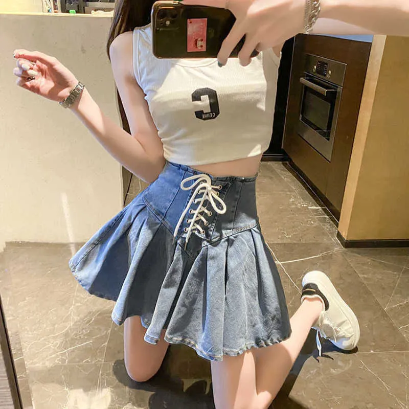 Skirts Girl Elastic Jean Pleated Skirt Y2k Lace Up Miniskirt Women