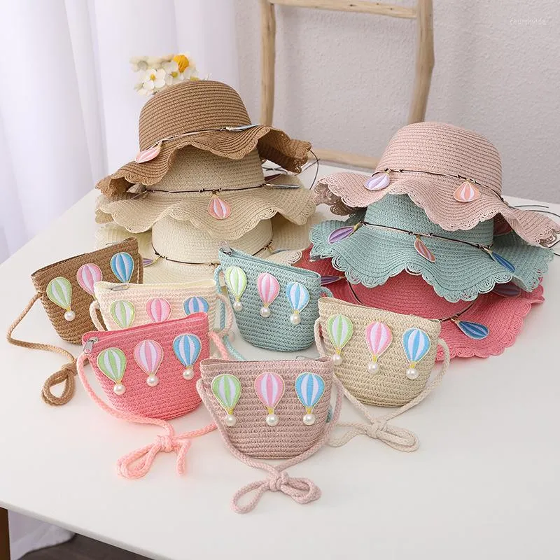 Berets Fashion Kids Straw Hat Air Balloon Summer Sunscreen Sun Cap Bag Set For Girls Beach Breathable Baby