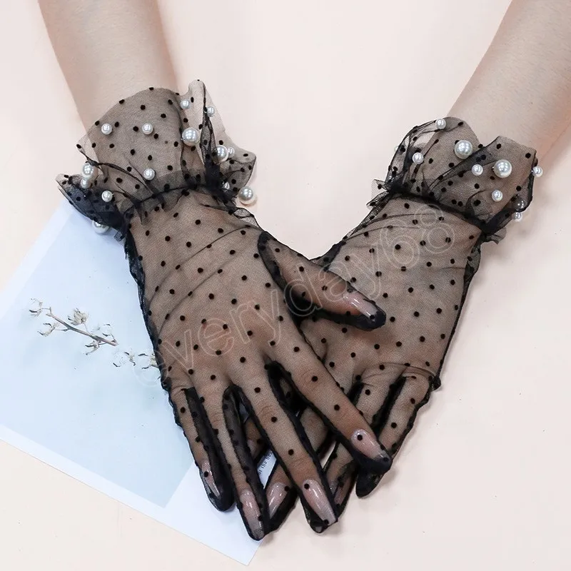 Kobiety seksowne koronkowe rękawiczki polka kropka czarne białe tiulowe rękawiczki Lady Summer Sunscreen rękawiczki do cienkich rękawiczek