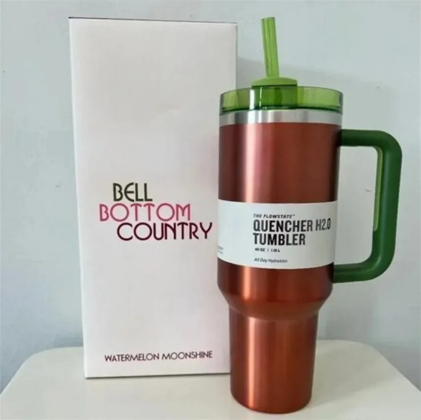 수박 달빛 텀블러 Quencher H2.0 40oz Tumblers Cups Coffee Mugs 컵 실리콘 핸들 뚜껑과 밀짚 핑크 커피 컵 물병 DHL
