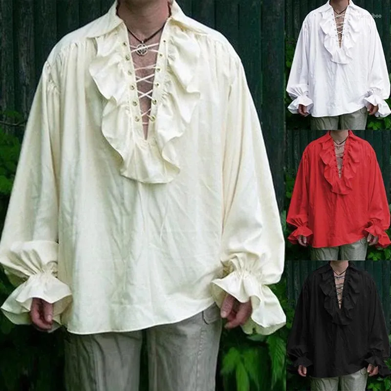 Chemises décontractées pour hommes Renaissance médiévale Chemise à lacets Hauts de bandage pour hommes Adut Larp Vintage Costume Fluffy Manches longues Mâle Plus Taille