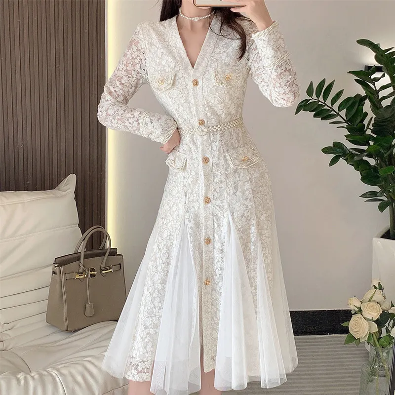 Autumn Lace Mermaid White Eyelet Dress with Splicing Mesh, Beaded Floral Embroidery, and Pearl Belt - Elegant V-Neck Casual White Eyelet Dress for