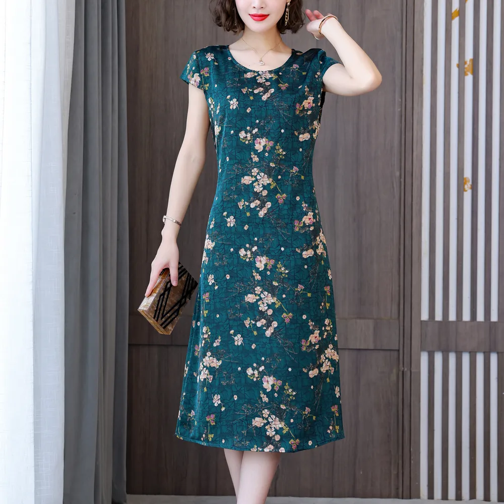 Casual Dresses Fashion Casual Summer Dress For Women Floral Printing Short Sleeve Elegant Vintage O-Neck Dresses Women Clothing 230424