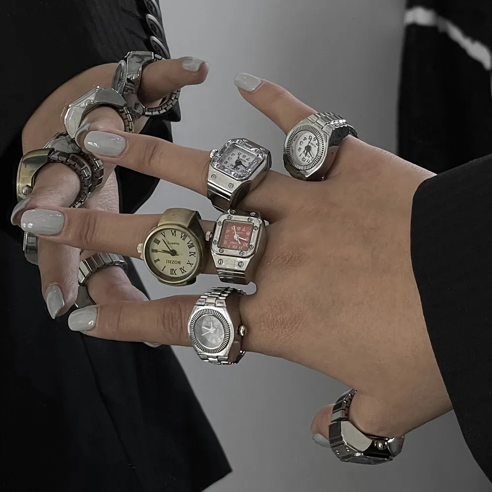 Cluster Ringen FFLACELL Individualiteit Vintage Punk Elastische Rekbare Quartz Horloge Ringen voor Vrouwen Man Hiphop Paar Accessoires 230424