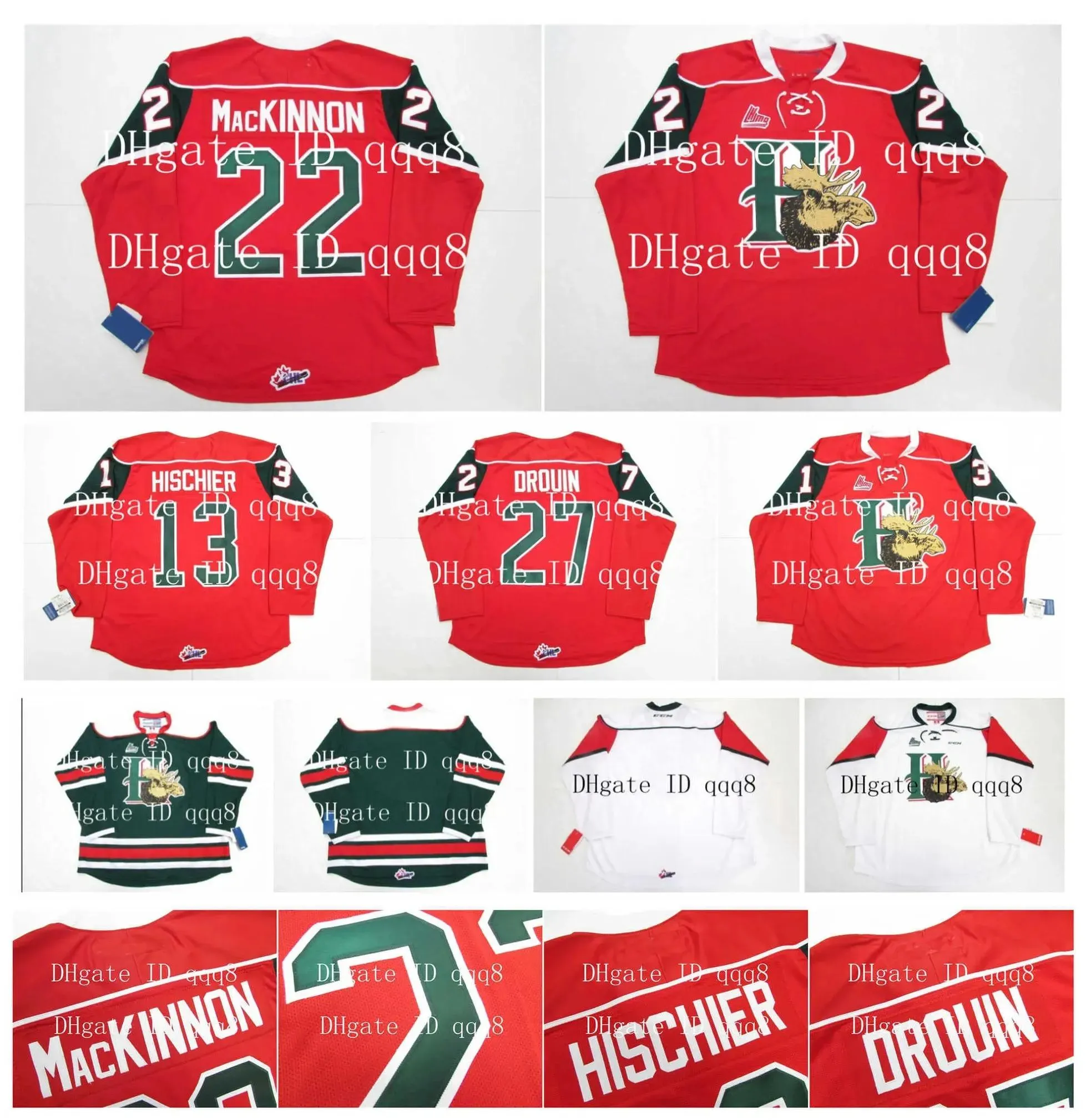 QMJHL Halifax Mooseheads Jerseys 22 NATHAN MacKINNON 13 NICO HISCHIER 27 JONATHAN DROUIN Vermelho Branco Green100% Costura Personalizado Hóquei Jerseys